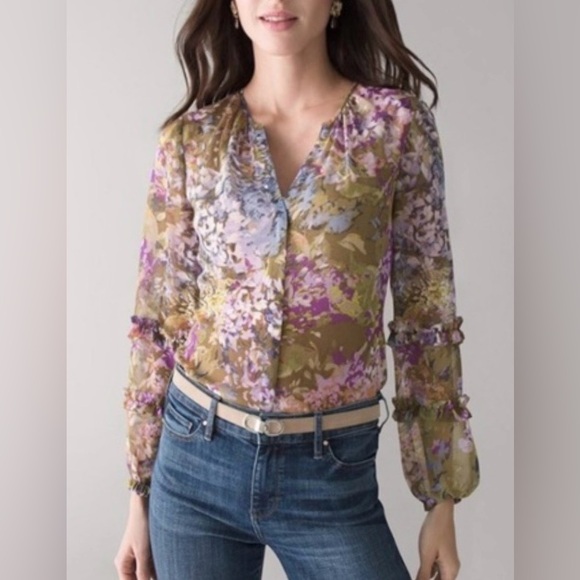 White House Black Market Floral Sheer Blouse - Picture 3 of 12